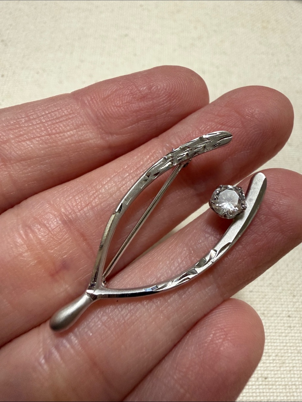 Sterling Silver Wishbone Brooch W/Clear Stone